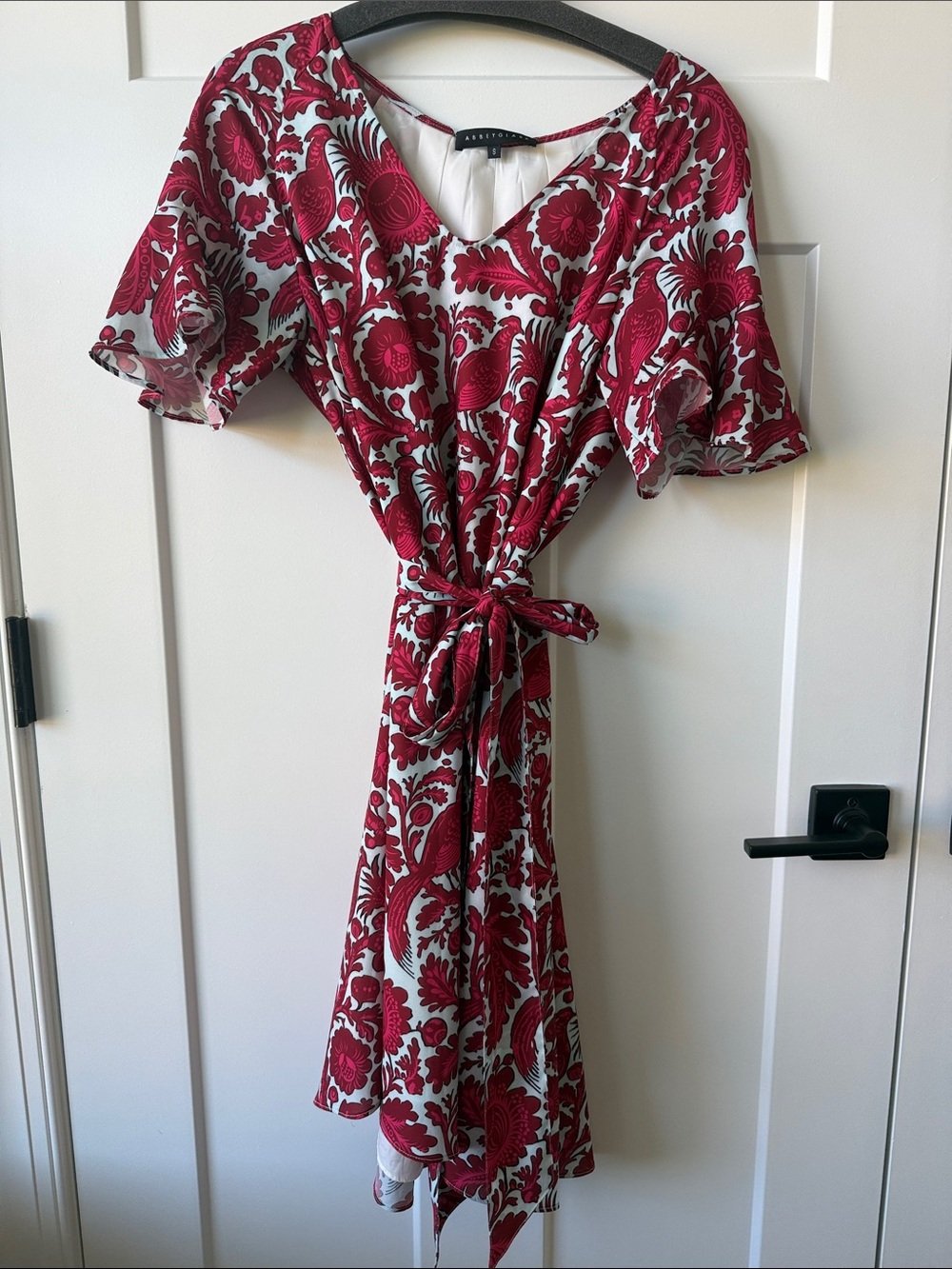 Red Floral Print Midi Dress with Tie Waist